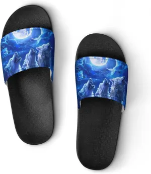 Blue Flower Rose Howling Wolf PVC Home Slippers Non-Slip Shower Shoes Casual Bathroom Slippers for Women Men