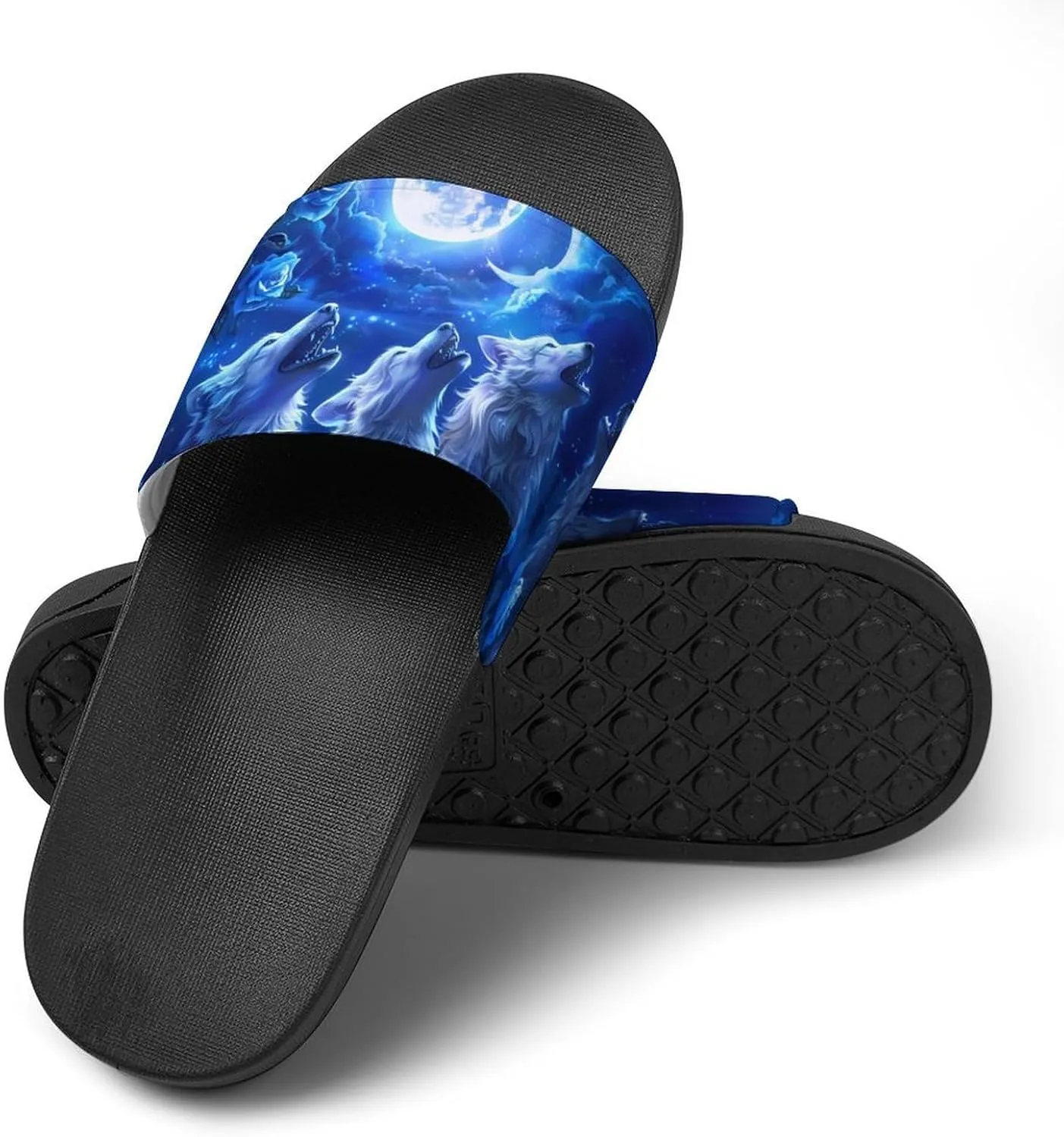 Blue Flower Rose Howling Wolf PVC Home Slippers Non-Slip Shower Shoes Casual Bathroom Slippers for Women Men