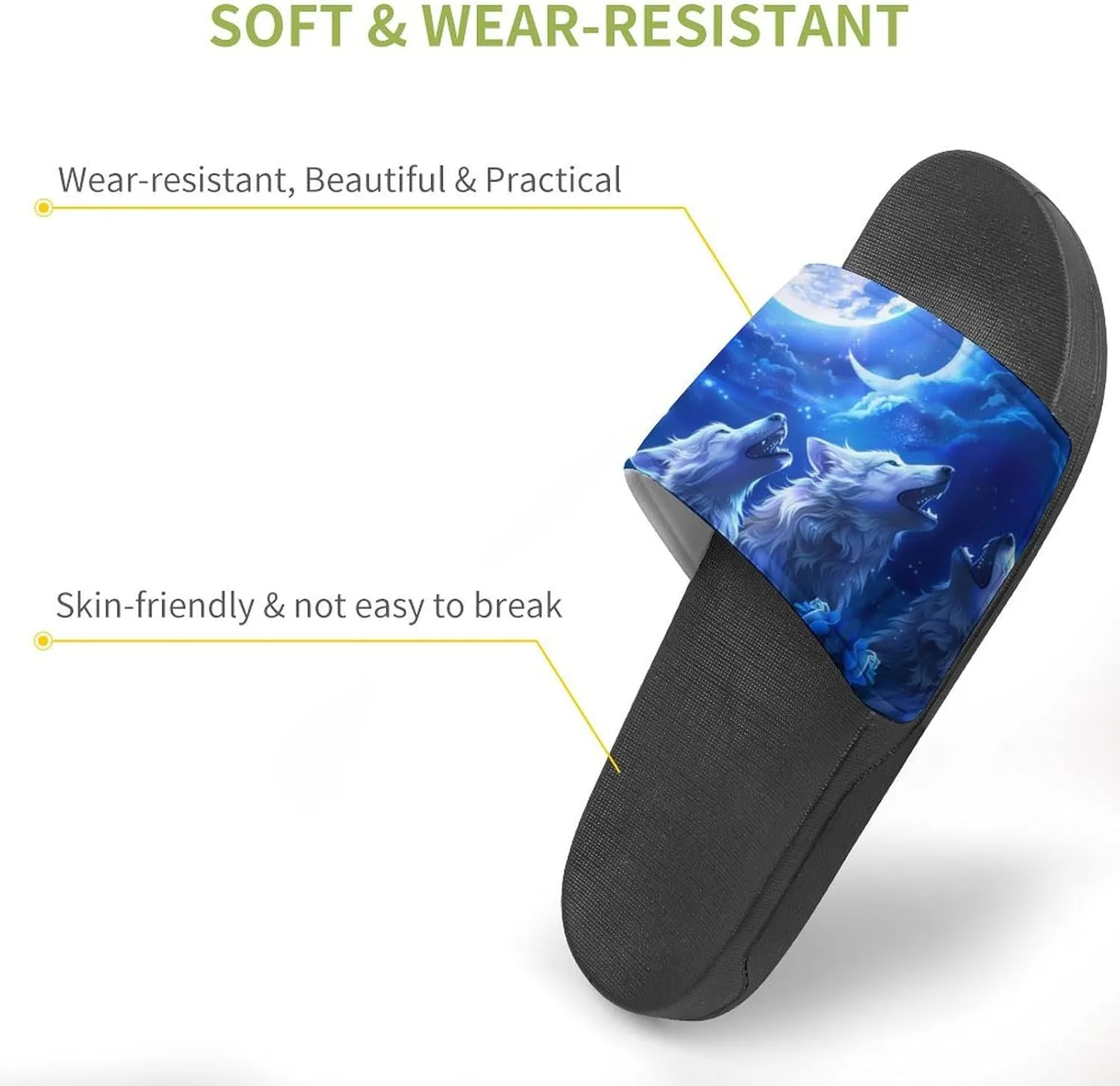 Blue Flower Rose Howling Wolf PVC Home Slippers Non-Slip Shower Shoes Casual Bathroom Slippers for Women Men