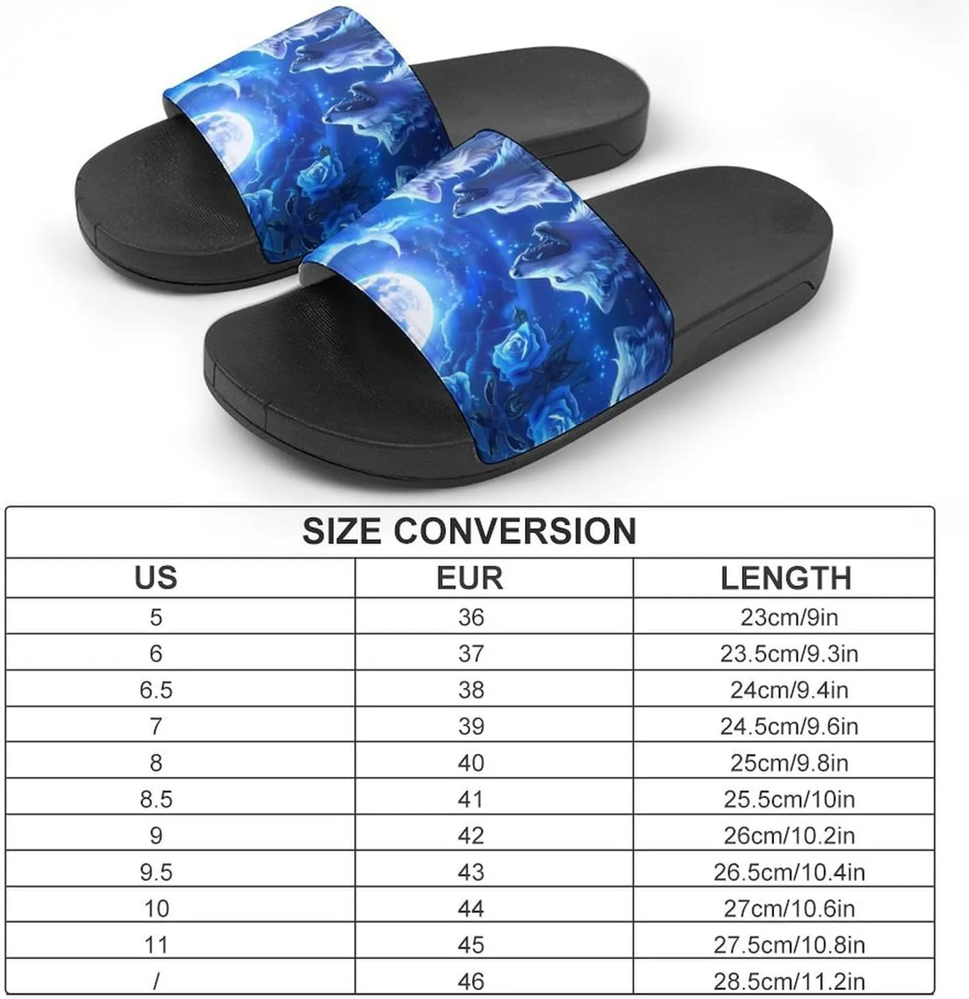Blue Flower Rose Howling Wolf PVC Home Slippers Non-Slip Shower Shoes Casual Bathroom Slippers for Women Men