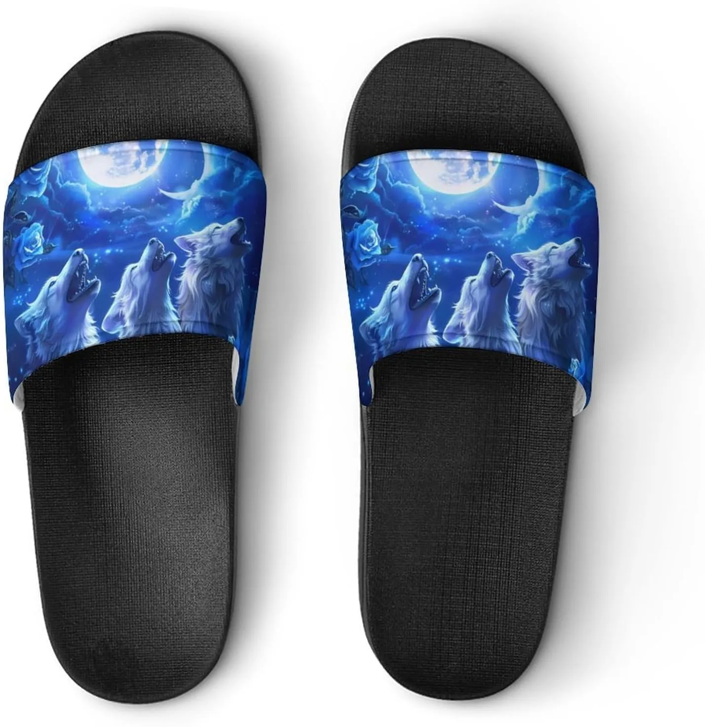 Blue Flower Rose Howling Wolf PVC Home Slippers Non-Slip Shower Shoes Casual Bathroom Slippers for Women Men