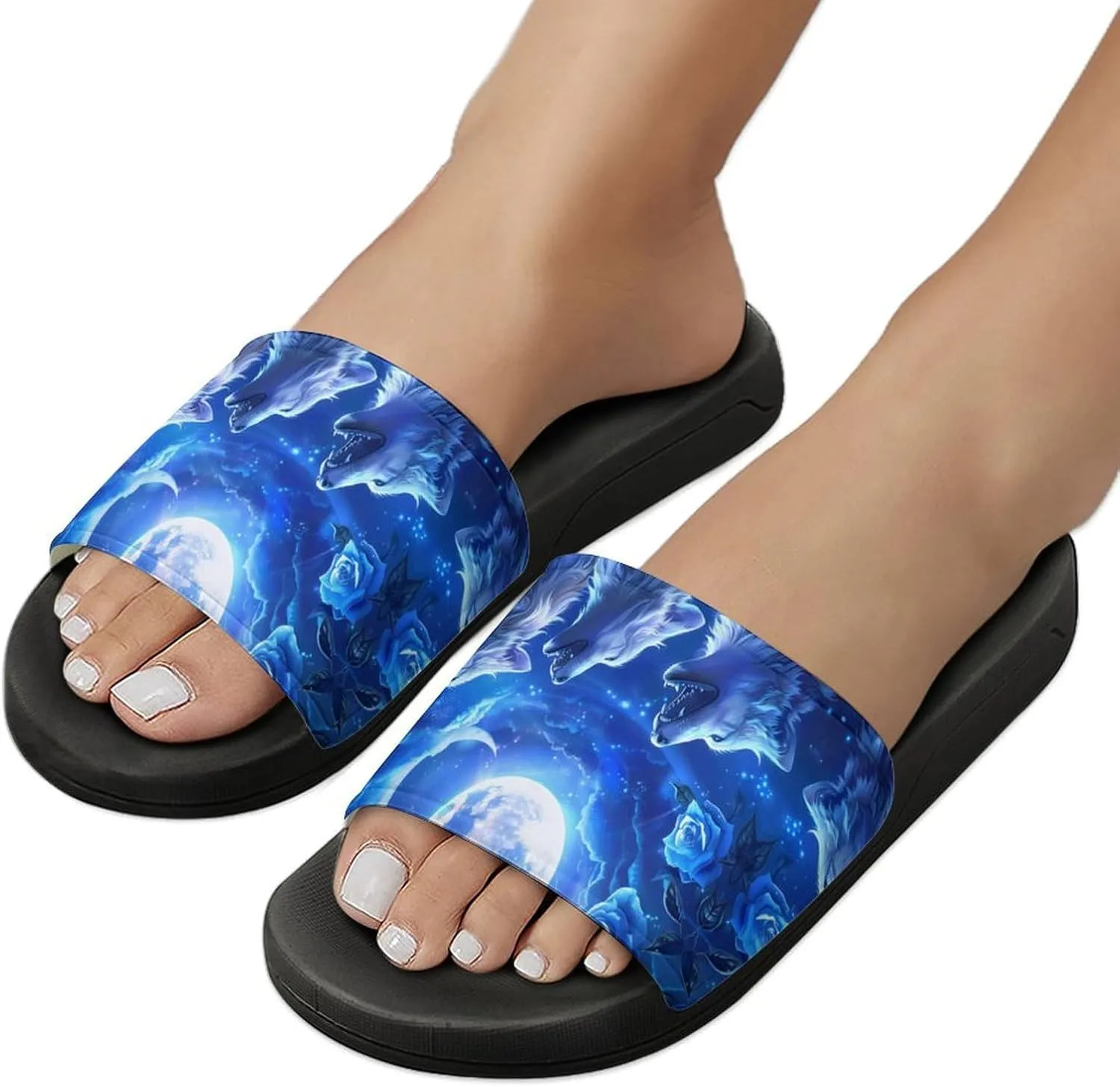 Blue Flower Rose Howling Wolf PVC Home Slippers Non-Slip Shower Shoes Casual Bathroom Slippers for Women Men