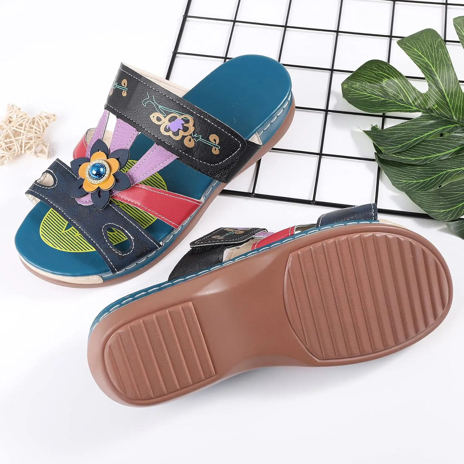Blue Sandals for Women Arch Support Slide Sandals Leather Floral Accents Adjustable Slippers Beach Wedge Sandals2