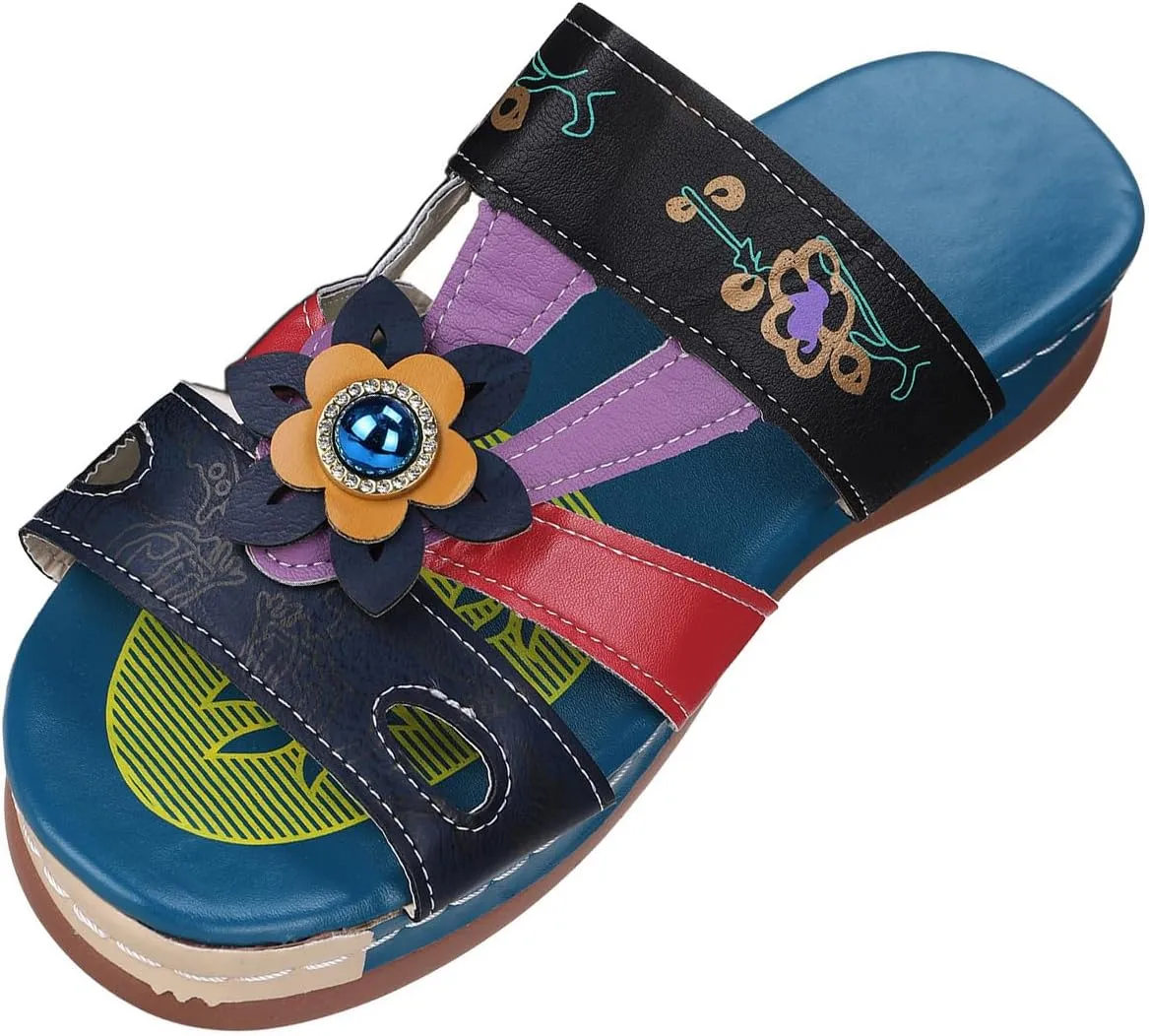 Blue Sandals for Women Arch Support Slide Sandals Leather Floral Accents Adjustable Slippers Beach Wedge Sandals2
