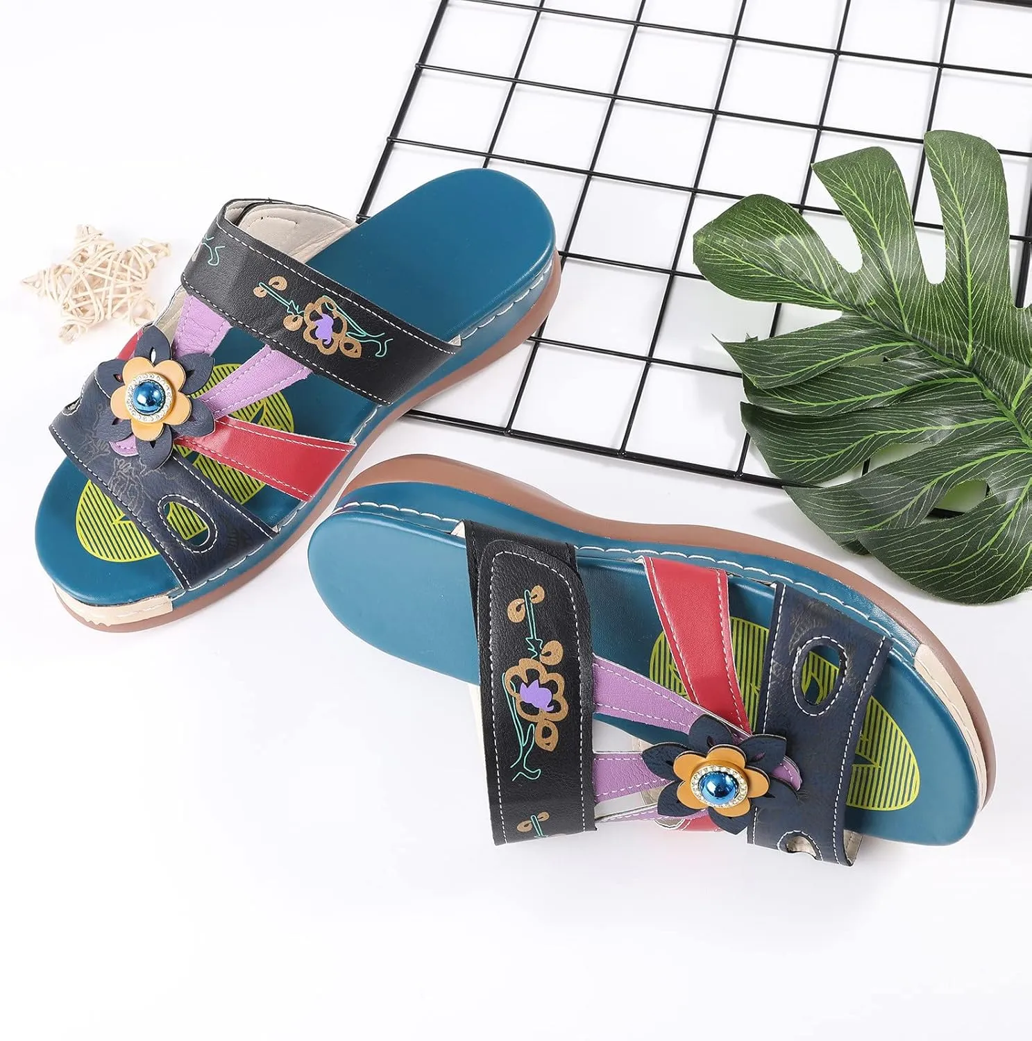 Blue Sandals for Women Arch Support Slide Sandals Leather Floral Accents Adjustable Slippers Beach Wedge Sandals2
