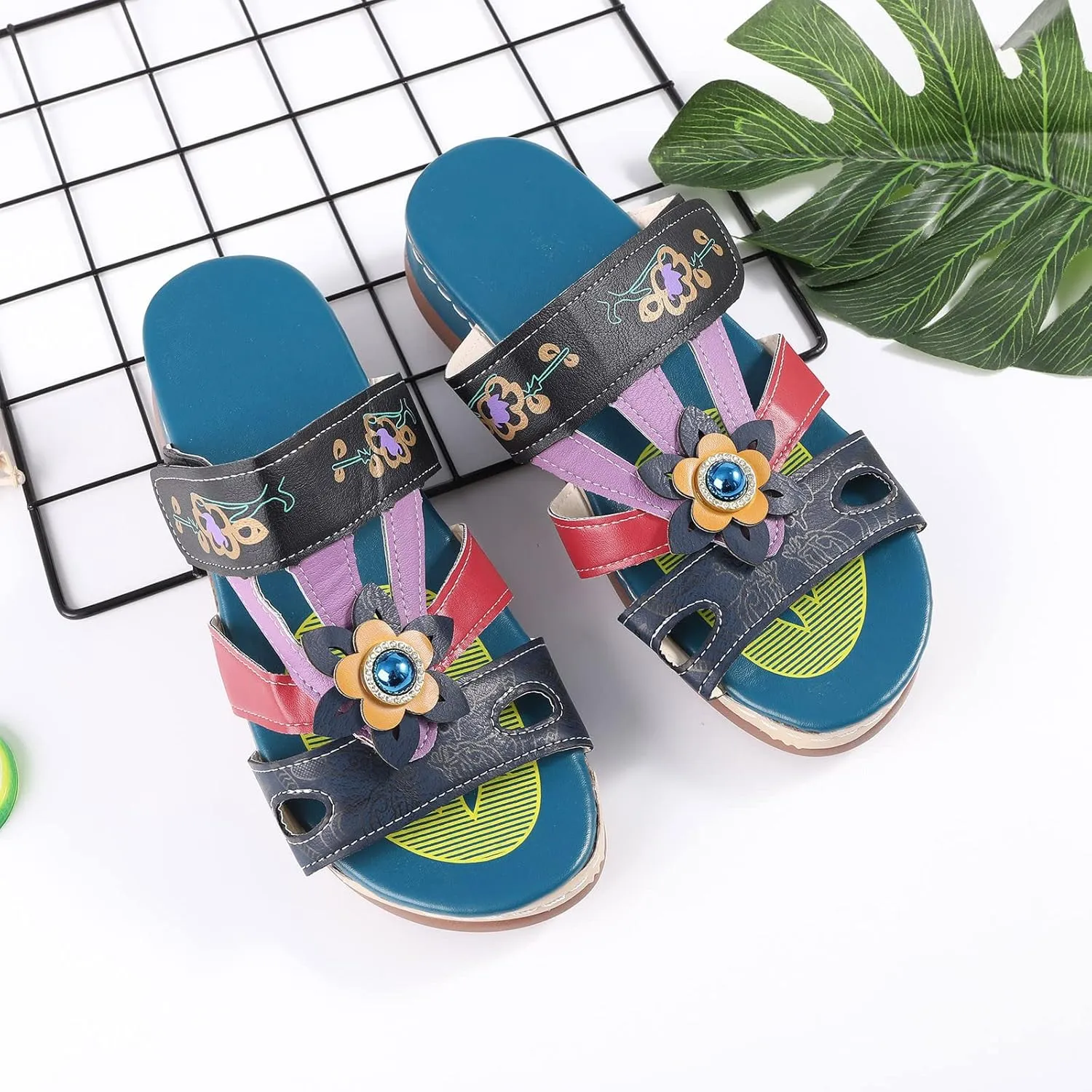 Blue Sandals for Women Arch Support Slide Sandals Leather Floral Accents Adjustable Slippers Beach Wedge Sandals2