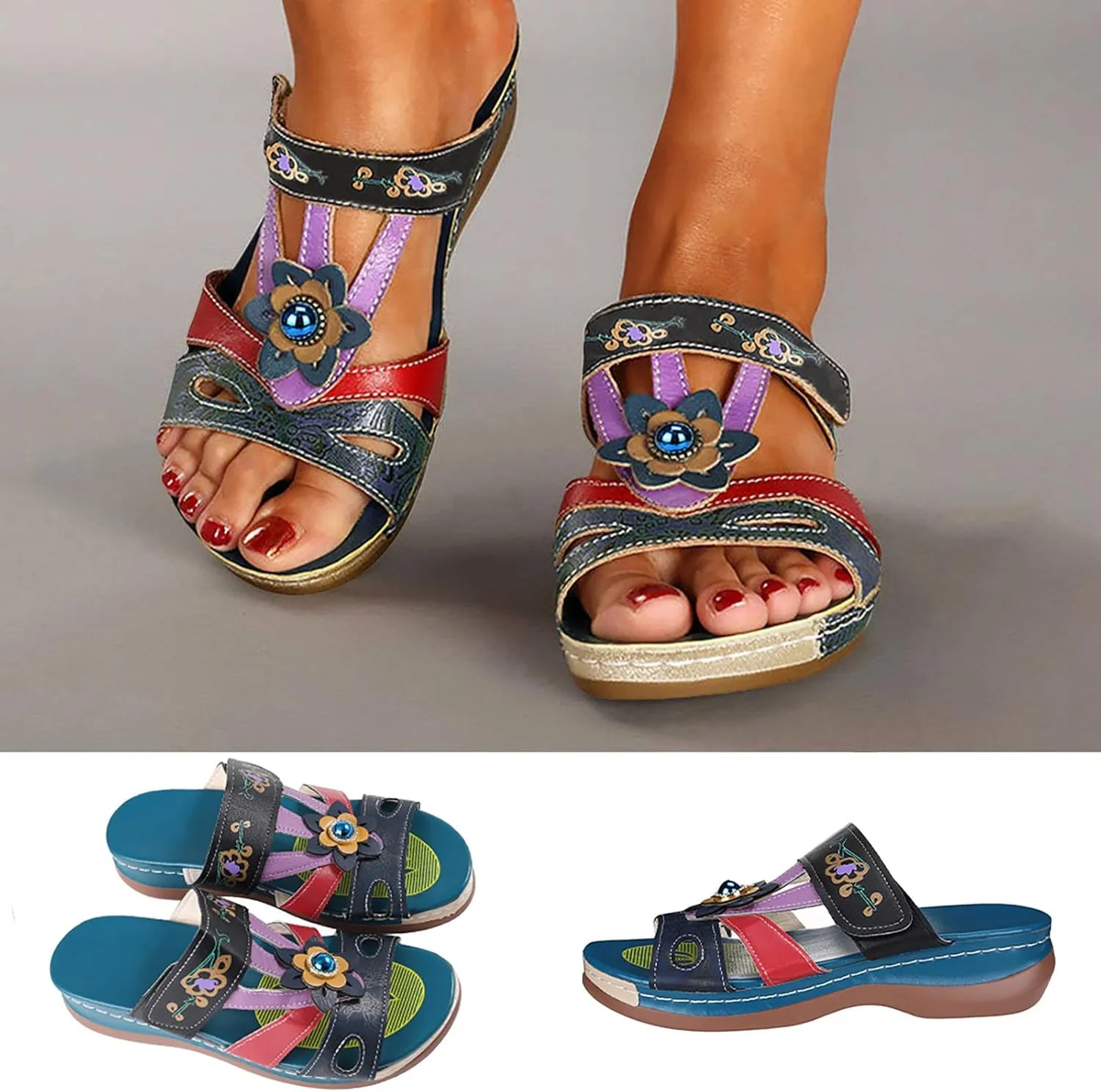 Blue Sandals for Women Arch Support Slide Sandals Leather Floral Accents Adjustable Slippers Beach Wedge Sandals2