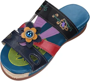Blue Sandals for Women Arch Support Slide Sandals Leather Floral Accents Adjustable Slippers Beach Wedge Sandals2