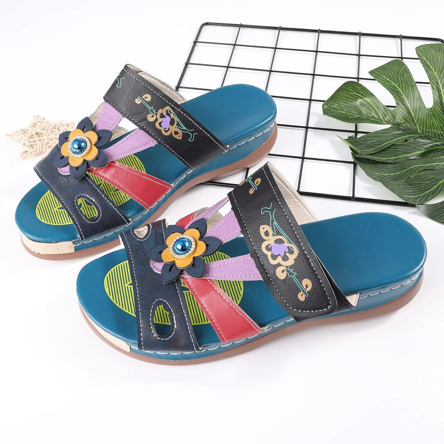 Blue Sandals for Women Arch Support Slide Sandals Leather Floral Accents Adjustable Slippers Beach Wedge Sandals2