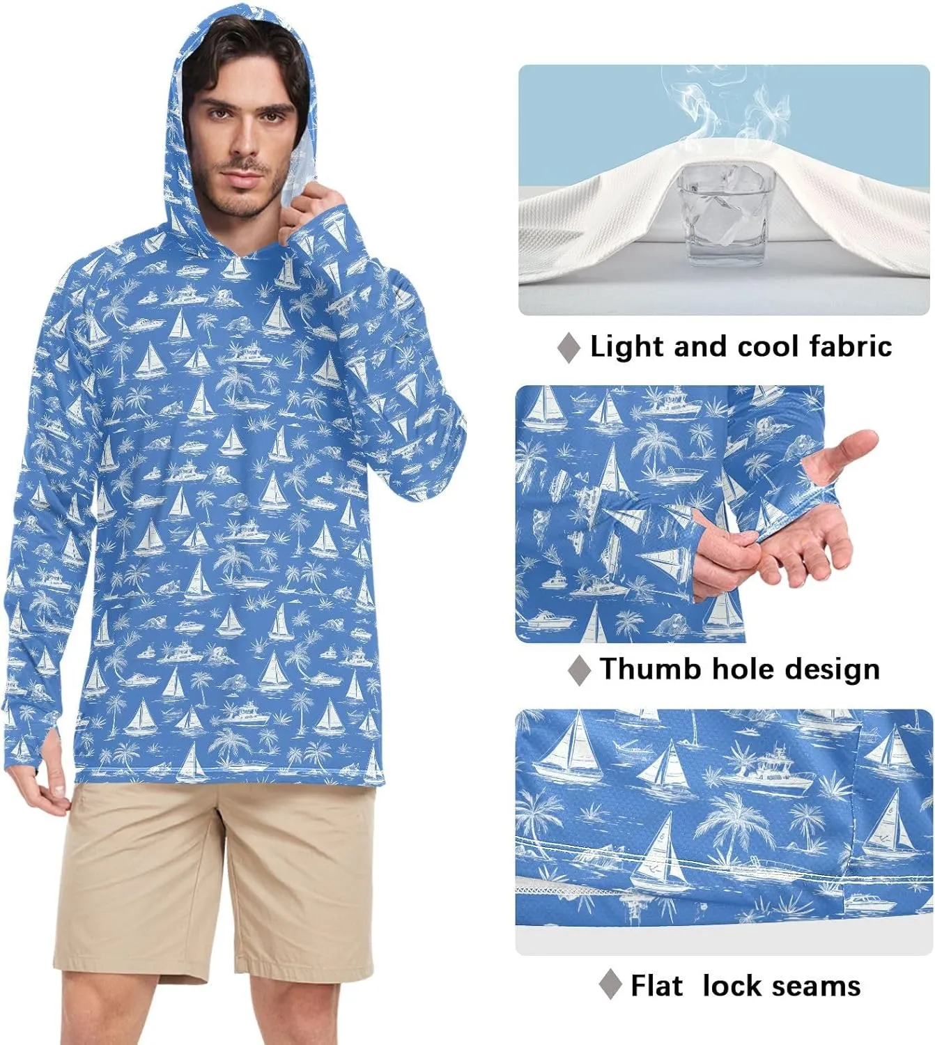 Blue Tropical Sailboats Mens Sun Shirts Protection Long Sleeve UPF 50 Mens Sun Shirt Sunproof Shirts UV Rash Guard Hooded