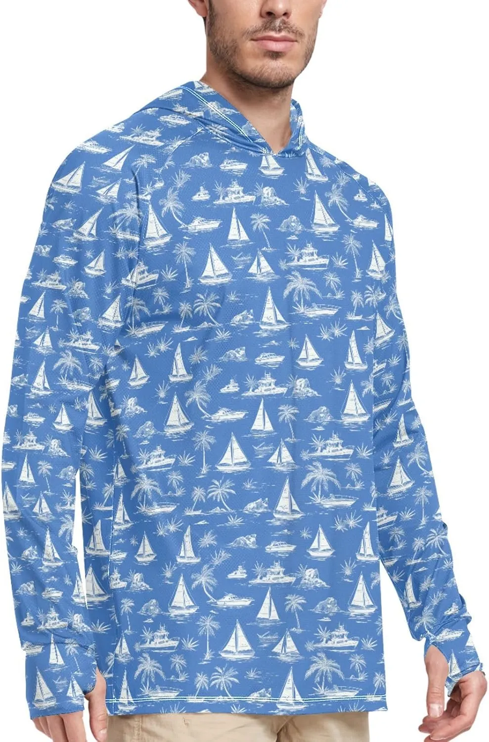 Blue Tropical Sailboats Mens Sun Shirts Protection Long Sleeve UPF 50 Mens Sun Shirt Sunproof Shirts UV Rash Guard Hooded