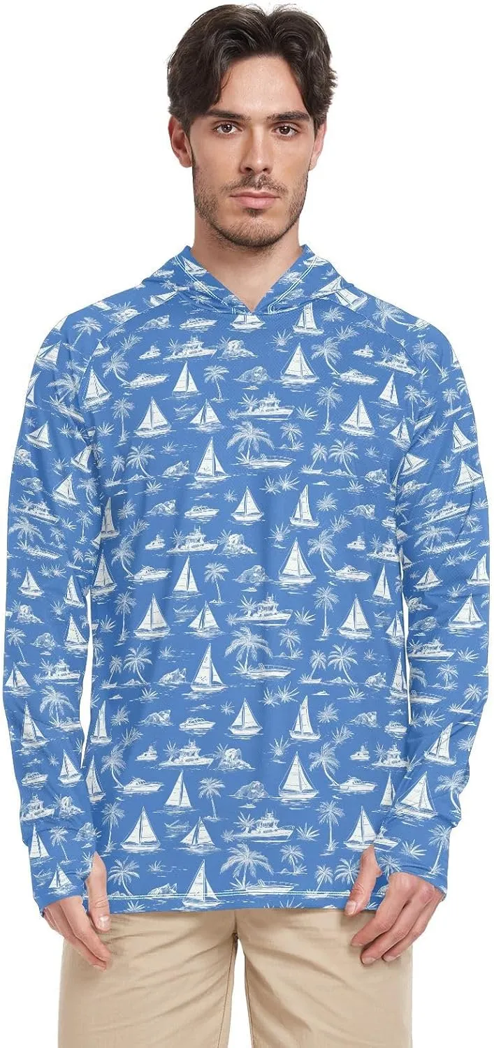 Blue Tropical Sailboats Mens Sun Shirts Protection Long Sleeve UPF 50 Mens Sun Shirt Sunproof Shirts UV Rash Guard Hooded