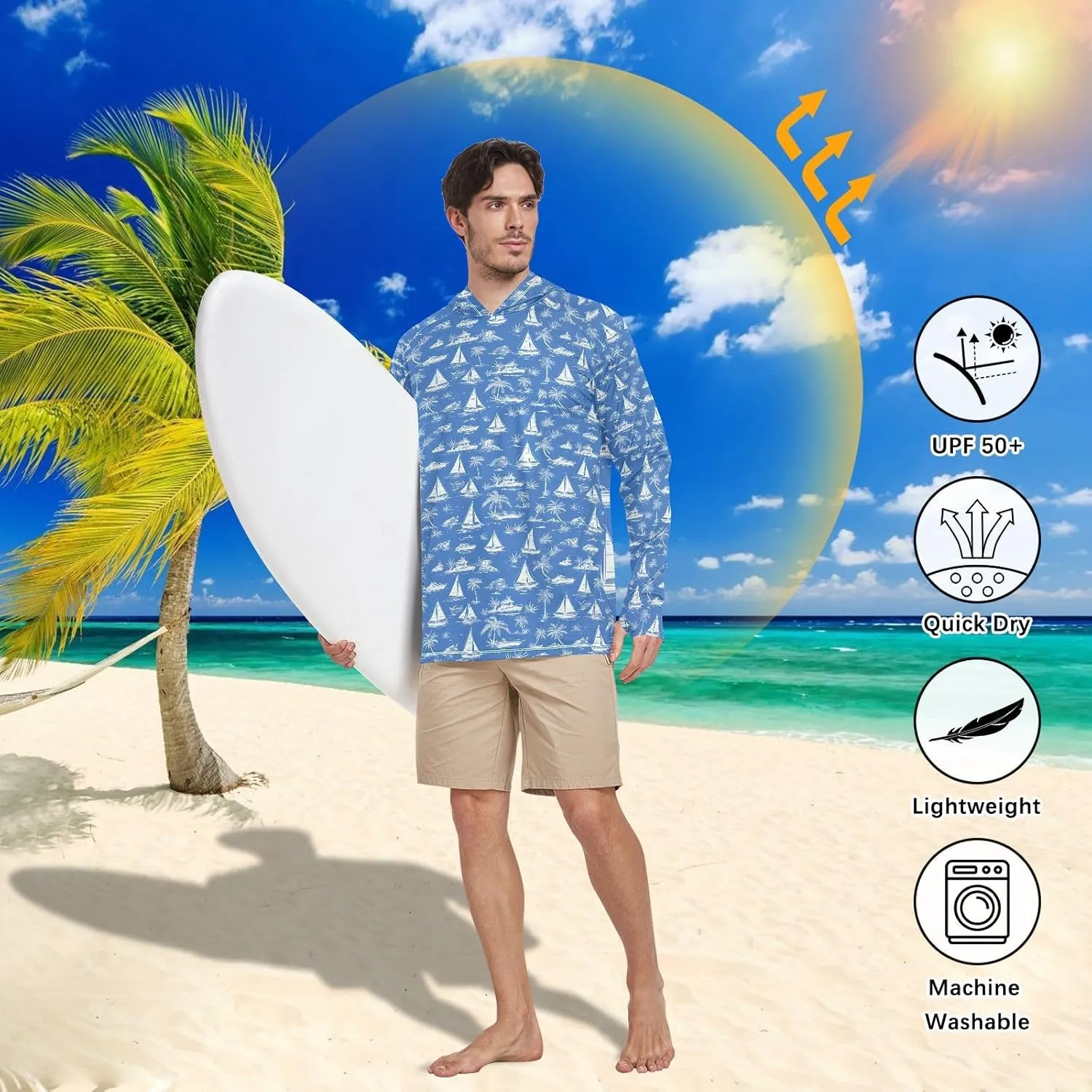 Blue Tropical Sailboats Mens Sun Shirts Protection Long Sleeve UPF 50 Mens Sun Shirt Sunproof Shirts UV Rash Guard Hooded