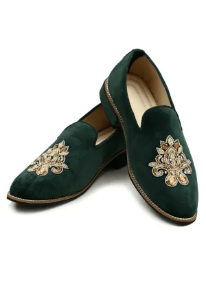 Bottle Green Velvet Hand Embroidery Shoes