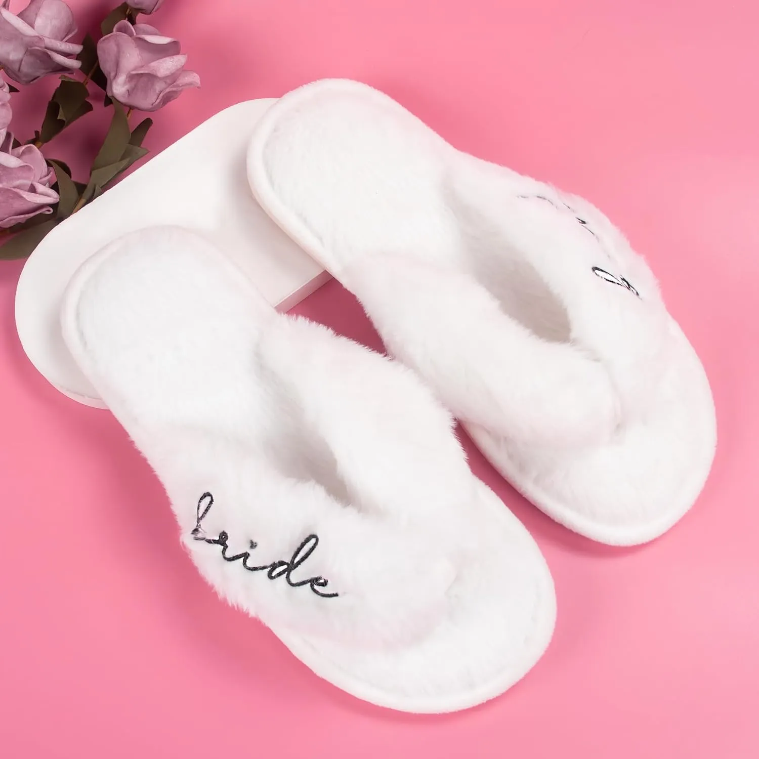 Bride Slippers for Wedding Day - White Fur Toe, Bride to Be Gifts for Bridal Shower, Bachelorette Party Outfit and Bridesmaid