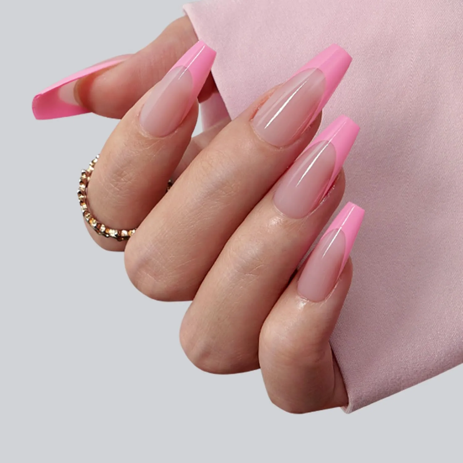 BTArtboxnails XCOATTIPS Pink French Tip Press On Nails - Coffin Press On Nails Medium, Soft Gel Nail Tips, Soak Off Pink Acrylic Fake Nail Extension in 15 Sizes