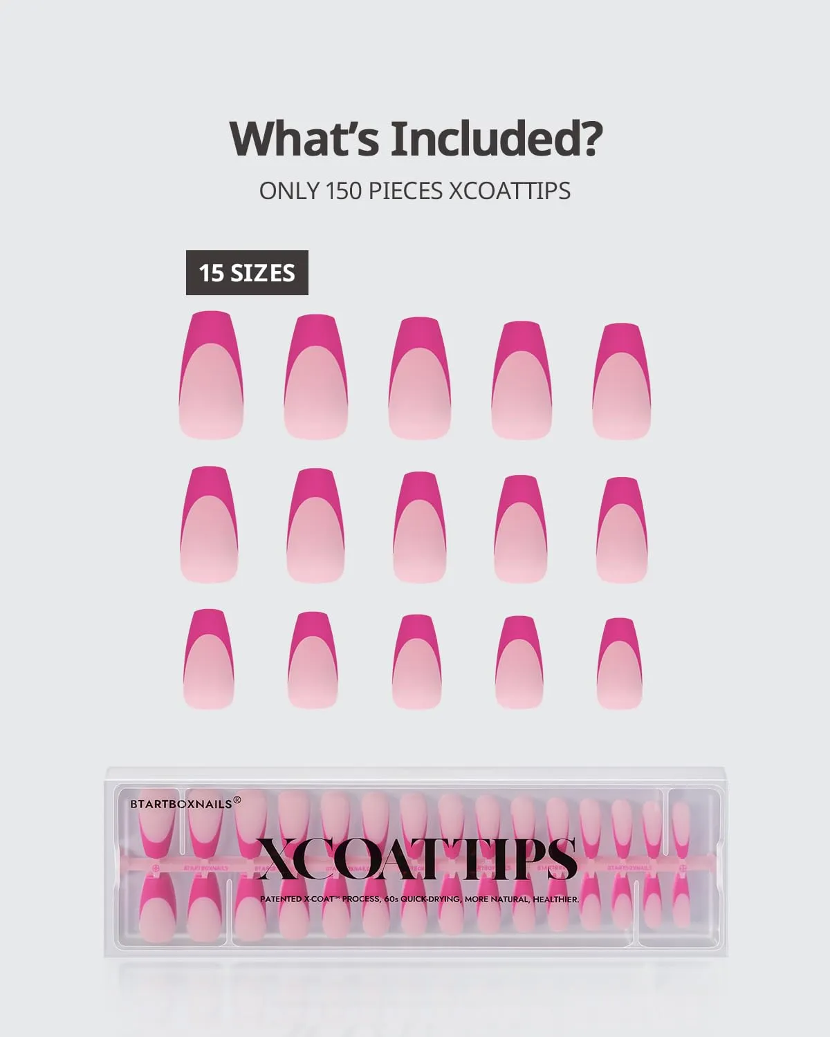 BTArtboxnails XCOATTIPS Pink French Tip Press On Nails - Coffin Press On Nails Medium, Soft Gel Nail Tips, Soak Off Pink Acrylic Fake Nail Extension in 15 Sizes