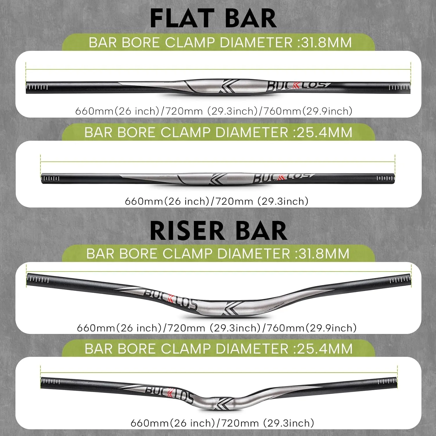 BUCKLOS 25.4/31.8mm Mountain Bike Handlebars Flat/Riser Bar, Aluminum Alloy MTB Handlebar 660/720/780mm, Premium Matter Mount Bikes Bicycle Handle Bar