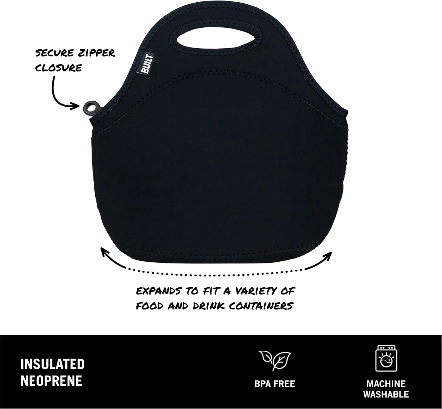 BUILT Gourmet Getaway Soft Neoprene Lunch Tote Bag Lightweight, Insulated and Reusable, One Size, Black