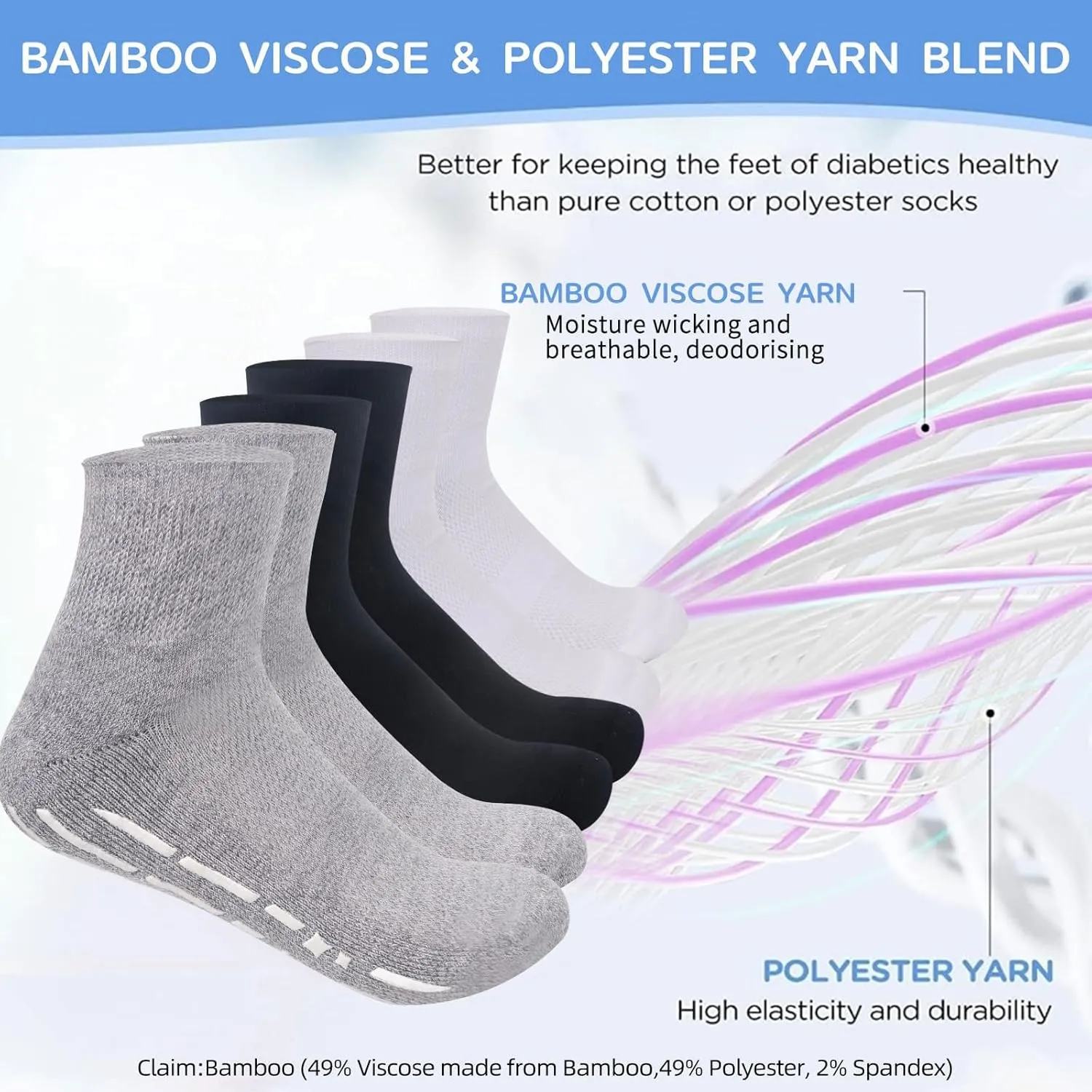 Bulinlulu Bamboo Viscose Diabetic Socks with Grippers for Men Women -6 Pairs Non Binding Ankle Slipper Socks Size 6-9 9-12
