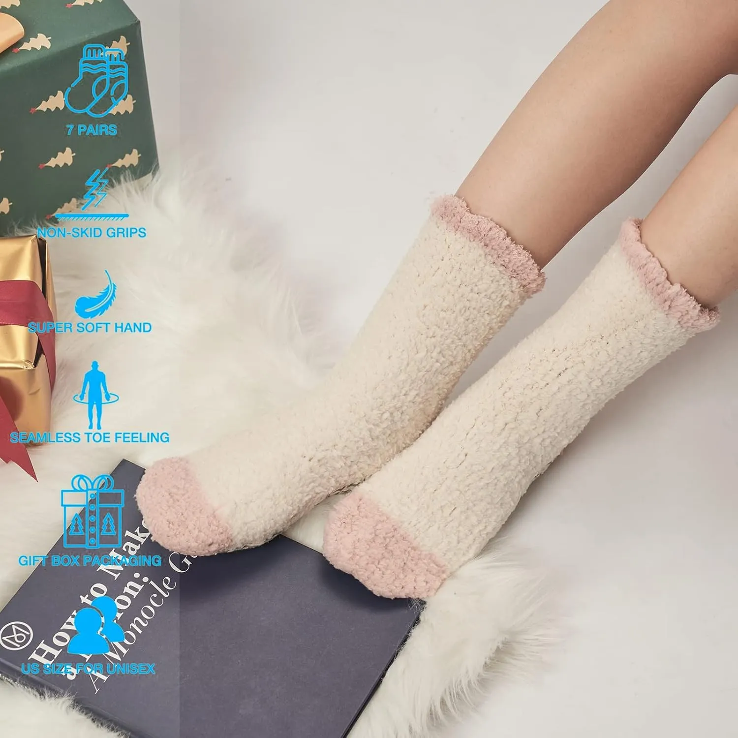 Bulinlulu Fuzzy Socks With Grips for Women 5-Pairs Non Slip Sleep Warm Fluffy Slipper Socks with Grippers for women