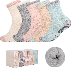 Bulinlulu Fuzzy Socks With Grips for Women 5-Pairs Non Slip Sleep Warm Fluffy Slipper Socks with Grippers for women