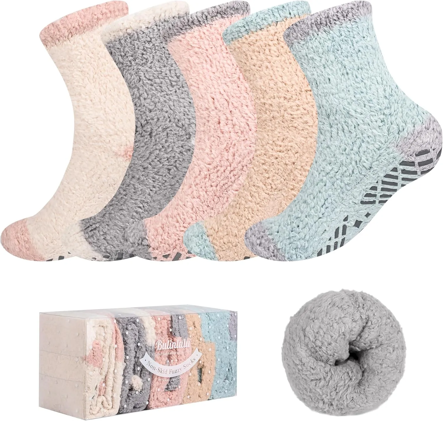 Bulinlulu Fuzzy Socks With Grips for Women 5-Pairs Non Slip Sleep Warm Fluffy Slipper Socks with Grippers for women