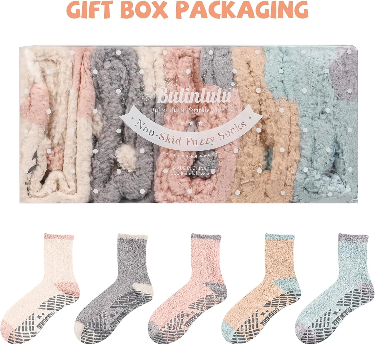 Bulinlulu Fuzzy Socks With Grips for Women 5-Pairs Non Slip Sleep Warm Fluffy Slipper Socks with Grippers for women
