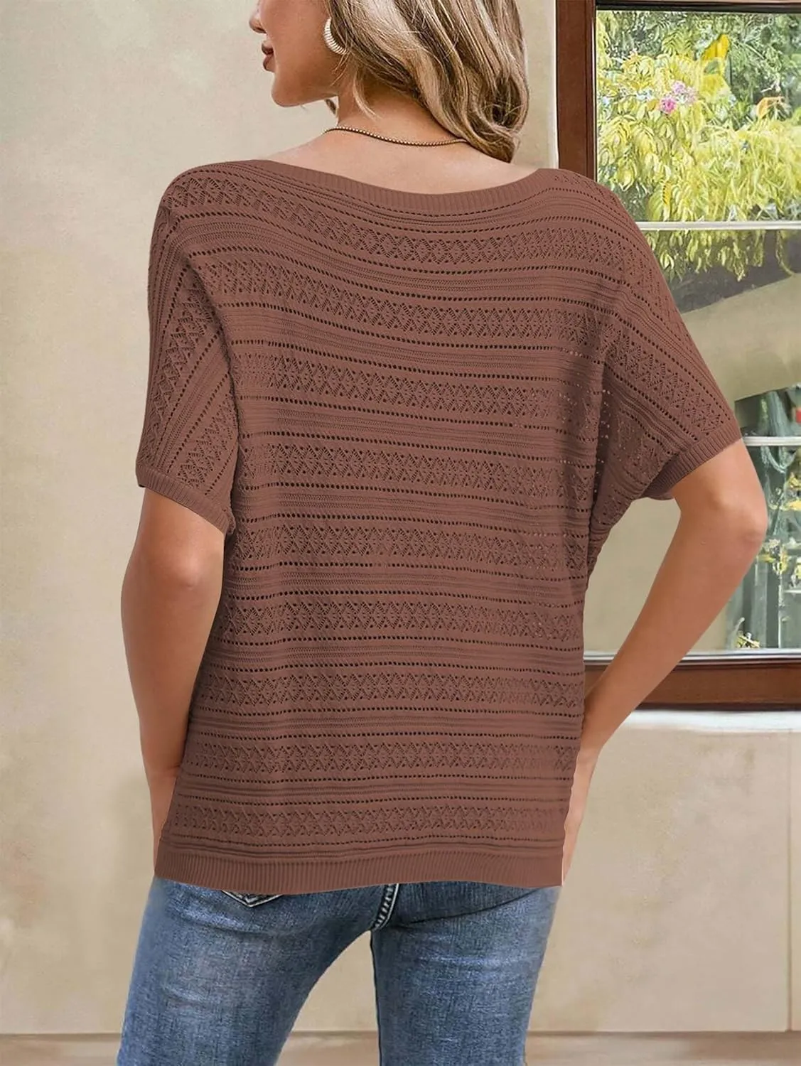 Cakulo Womens Summer Crochet Tops Hollow Out Off The Shoulder Short Sleeve Batwing Knit Spring Sweater Top 2025