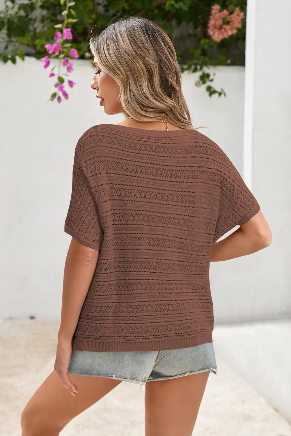 Cakulo Womens Summer Crochet Tops Hollow Out Off The Shoulder Short Sleeve Batwing Knit Spring Sweater Top 2025