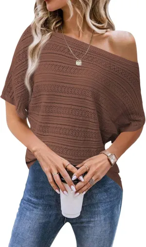 Cakulo Womens Summer Crochet Tops Hollow Out Off The Shoulder Short Sleeve Batwing Knit Spring Sweater Top 2025