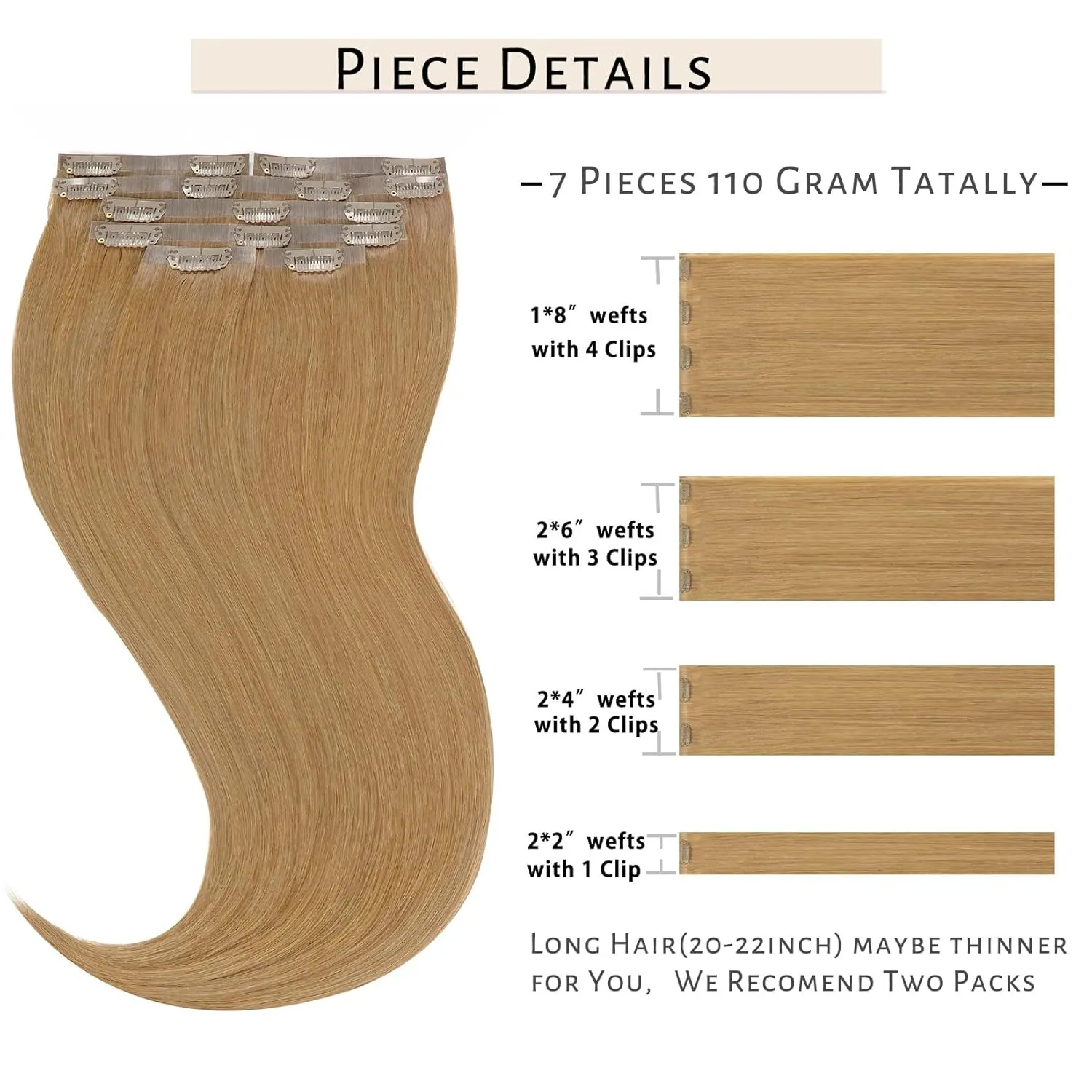 Caliee Caramel Blonde Clip in Hair Extensions 18Inch Fashion Seamless Clip in Human Hair 7Pcs 110G 100% Real Human Hair Clip ins Beauty Silky Short Thick Straight Clip in Hair Extensions