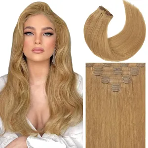Caliee Caramel Blonde Clip in Hair Extensions 18Inch Fashion Seamless Clip in Human Hair 7Pcs 110G 100% Real Human Hair Clip ins Beauty Silky Short Thick Straight Clip in Hair Extensions