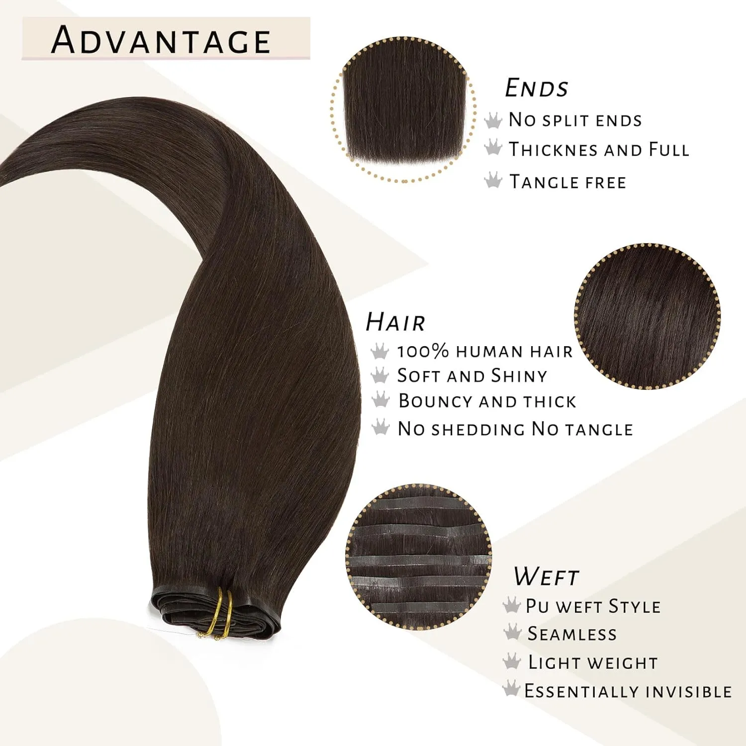 Caliee Seamless Clip in Hair Extensions 2A Light Dark Brown Clip in Remy Human Hair Extensions Invisible PU Skin Weft Natural Straight Hair 14Inch 110G 7Pcs Clip in Hair Extensions for Woman