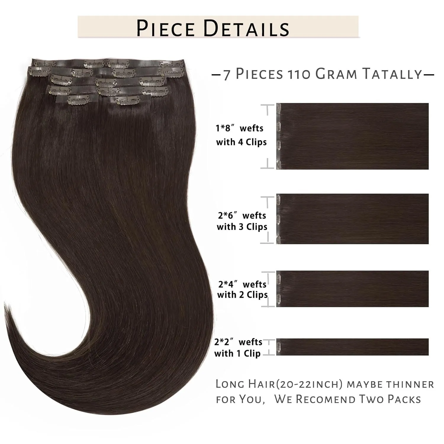 Caliee Seamless Clip in Hair Extensions 2A Light Dark Brown Clip in Remy Human Hair Extensions Invisible PU Skin Weft Natural Straight Hair 14Inch 110G 7Pcs Clip in Hair Extensions for Woman