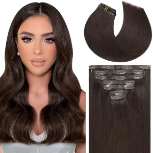 Caliee Seamless Clip in Hair Extensions 2A Light Dark Brown Clip in Remy Human Hair Extensions Invisible PU Skin Weft Natural Straight Hair 14Inch 110G 7Pcs Clip in Hair Extensions for Woman