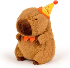 Capybara Plush with Happy Birthday Hat Bow Soft Capibara Stuffed Animal Plushies Toys for Birthday Gifts Party Decoration for Kids Brown 9 inch