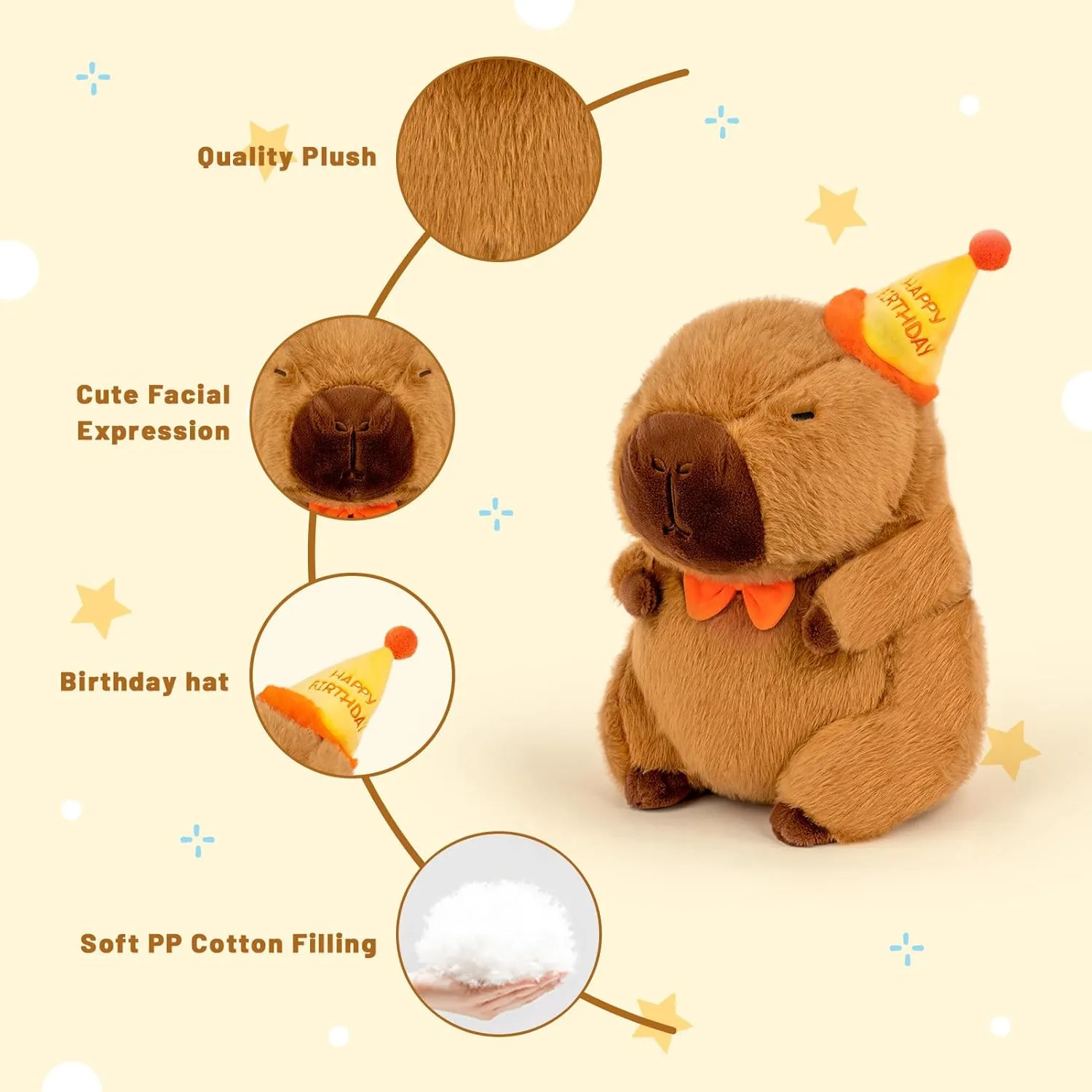 Capybara Plush with Happy Birthday Hat Bow Soft Capibara Stuffed Animal Plushies Toys for Birthday Gifts Party Decoration for Kids Brown 9 inch