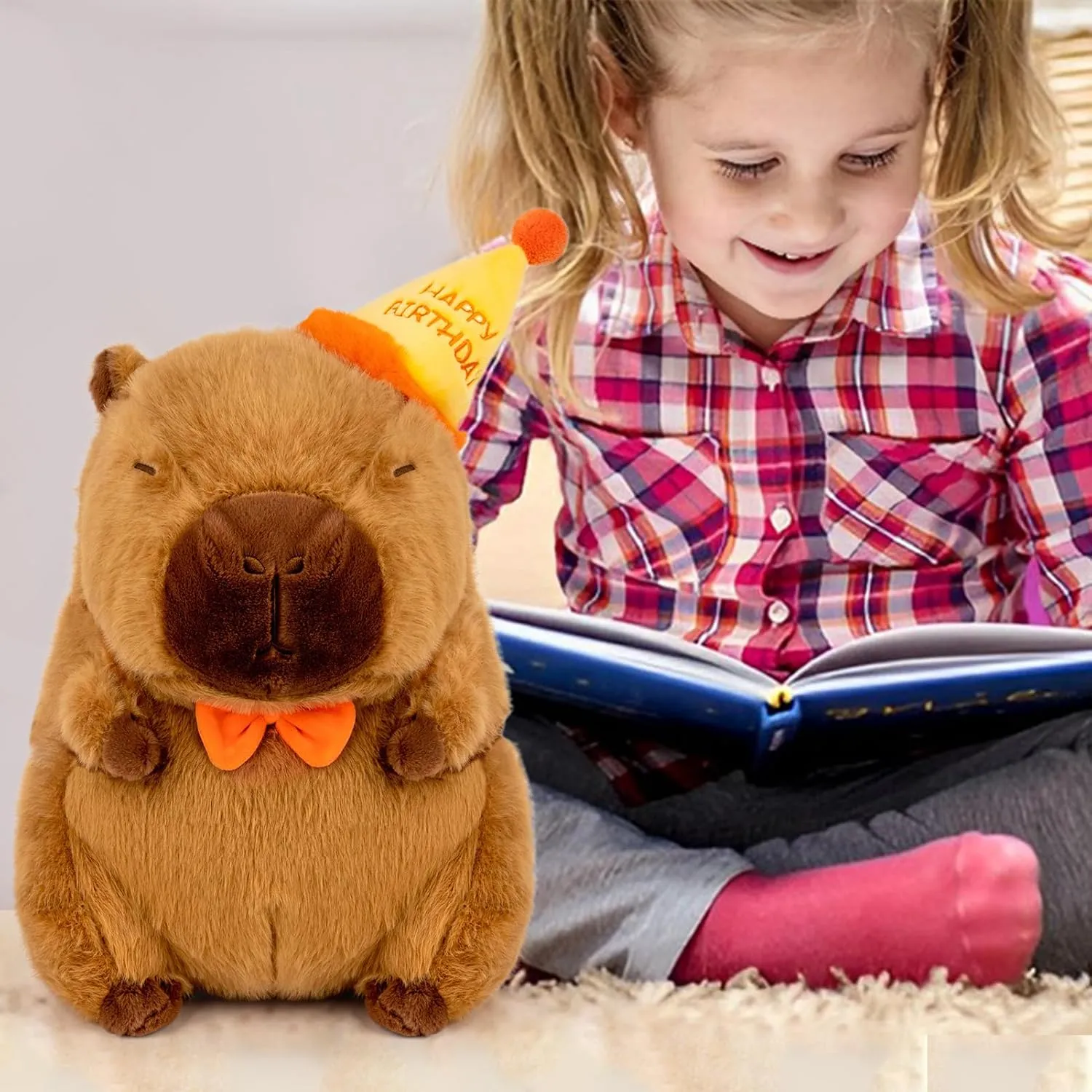 Capybara Plush with Happy Birthday Hat Bow Soft Capibara Stuffed Animal Plushies Toys for Birthday Gifts Party Decoration for Kids Brown 9 inch