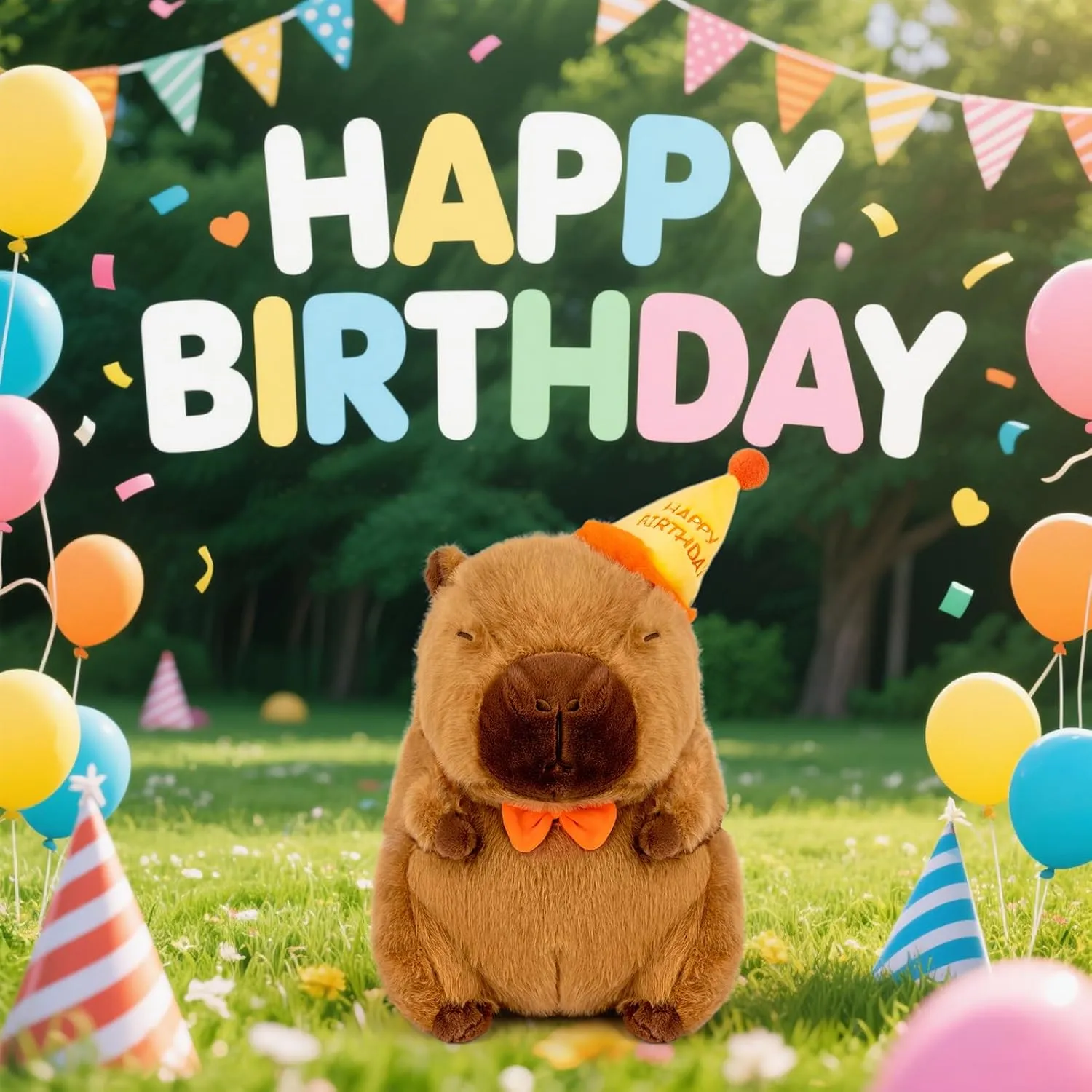 Capybara Plush with Happy Birthday Hat Bow Soft Capibara Stuffed Animal Plushies Toys for Birthday Gifts Party Decoration for Kids Brown 9 inch