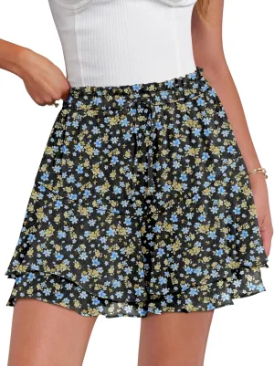Caracilia Skorts for Women Boho Casual Beach Mini Skirts Summer Floral Ruffle Chiffon Flowy Shorts 2025 Trendy Outfits