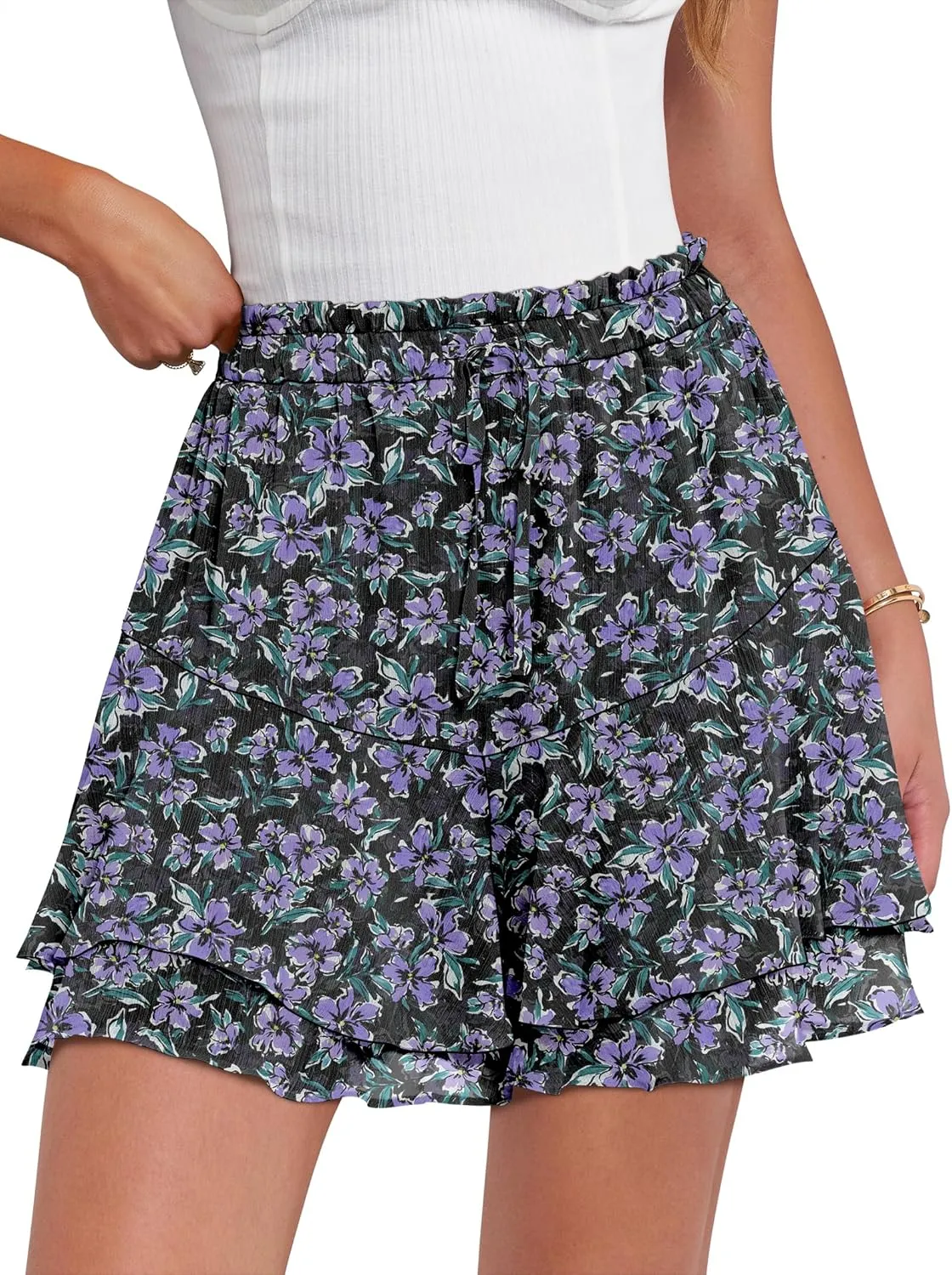 Caracilia Skorts for Women Boho Casual Beach Mini Skirts Summer Floral Ruffle Chiffon Flowy Shorts 2025 Trendy Outfits
