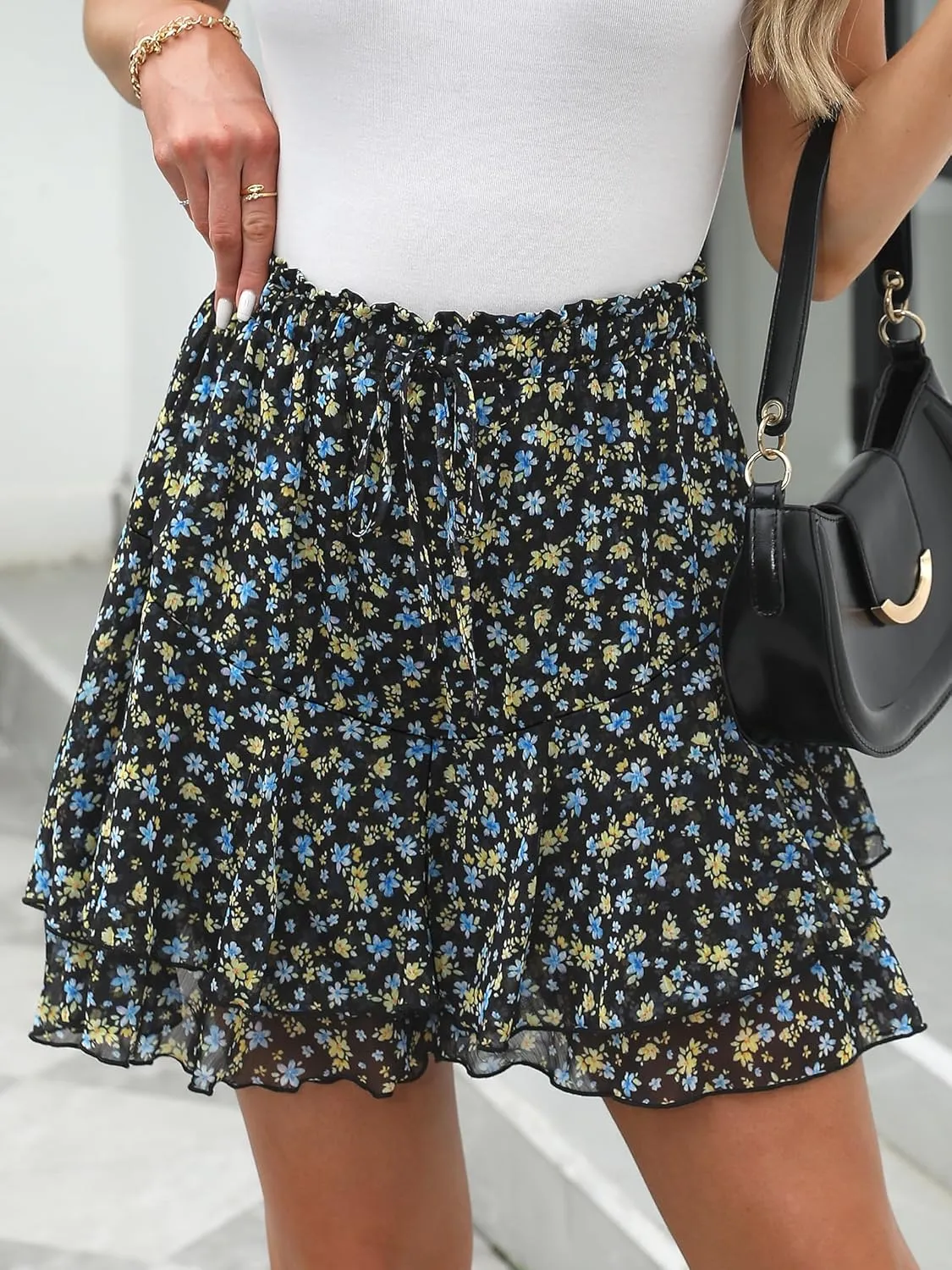 Caracilia Skorts for Women Boho Casual Beach Mini Skirts Summer Floral Ruffle Chiffon Flowy Shorts 2025 Trendy Outfits