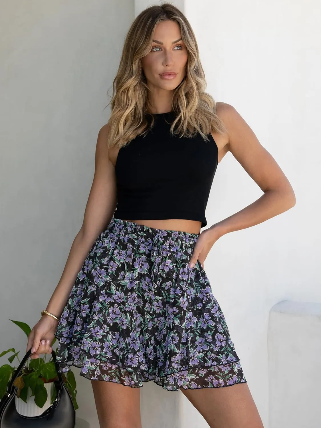 Caracilia Skorts for Women Boho Casual Beach Mini Skirts Summer Floral Ruffle Chiffon Flowy Shorts 2025 Trendy Outfits