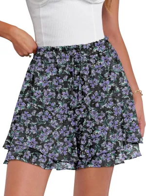 Caracilia Skorts for Women Boho Casual Beach Mini Skirts Summer Floral Ruffle Chiffon Flowy Shorts 2025 Trendy Outfits