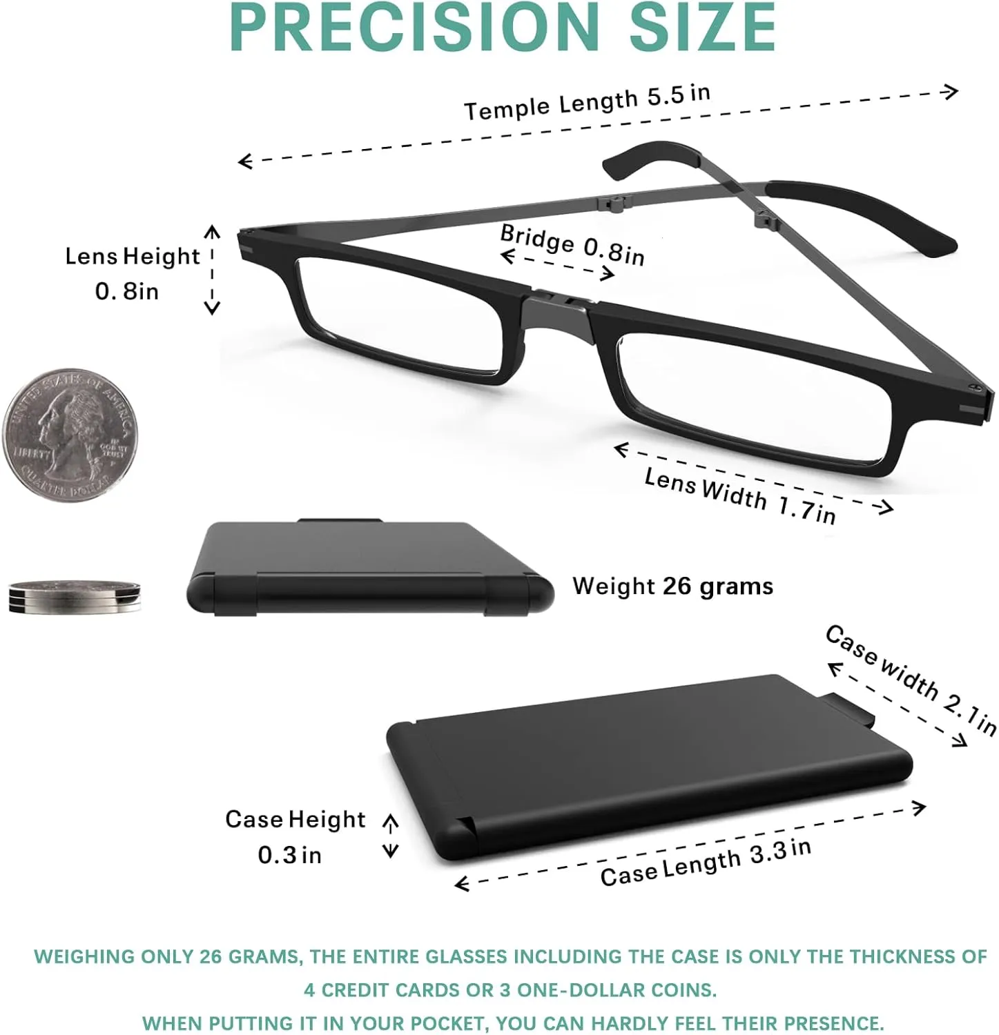 Case Upgrade Ultra-light and Thin Foldable Reading Glasses Folding Readers for Men Women Compact Portable Rectangle Eyewear Case (Black, 1.75)