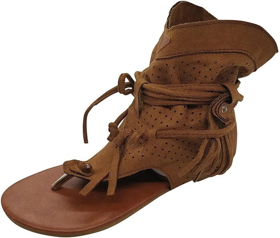 Casual Tassel Sandals for Women, Retro Bohemian Gladiator Fringe Flat Flip-Flops Beach Sandals, T-Strap Roman Open-Toe Shoes