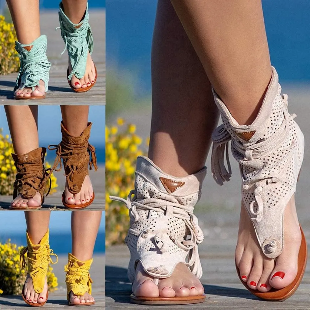 Casual Tassel Sandals for Women, Retro Bohemian Gladiator Fringe Flat Flip-Flops Beach Sandals, T-Strap Roman Open-Toe Shoes