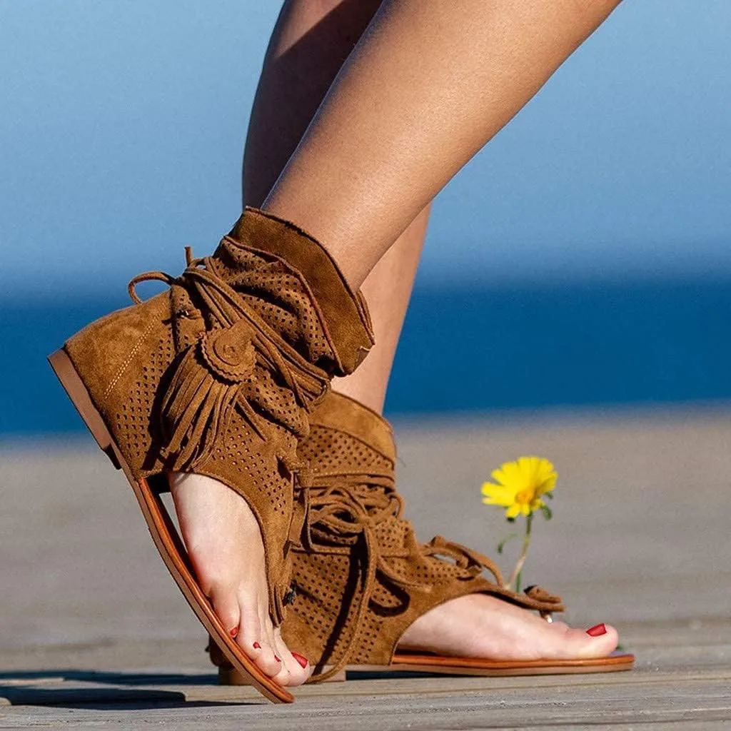 Casual Tassel Sandals for Women, Retro Bohemian Gladiator Fringe Flat Flip-Flops Beach Sandals, T-Strap Roman Open-Toe Shoes