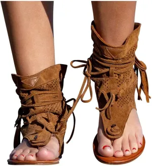Casual Tassel Sandals for Women, Retro Bohemian Gladiator Fringe Flat Flip-Flops Beach Sandals, T-Strap Roman Open-Toe Shoes